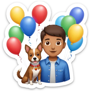 boy and his dog at party with balloons and cake sticker