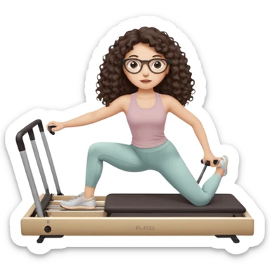 Memoji-style girl with long dark brown curly hair, round glasses, large brown eyes, soft rounded face,makeup, warm beige skin tone, wearing Pilates activewear performing Pilates and reformer Pilates exercises on a reformer machine, pastel color palette, smooth soft shading,latino sticker