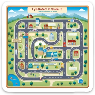 journey on a game board about Type 1 diabetes and aging with pretty pathways and landing places (hospital, places to live, advocacy, physical changes, to share knowledge and ways of coping, energetic with text: T1D to 100 and subtext Aging with Type 1 diabetes, easy for seniors to see and understand sticker