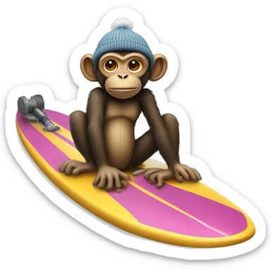 Monkey on a surfboard with a bazooka wearing a beanie sticker