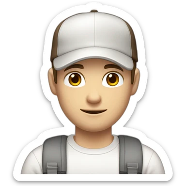 Pale skinned fit Man with dark brown hair in a light gray cap, dark brown jeans, brown polo and white T-shirt keeping a pasted with tape white box into his hands sticker