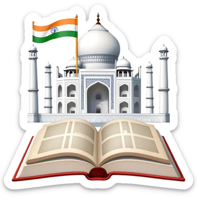 An icon featuring the Taj Mahal and the flag of India, symbolizing the Hindi language. The design includes an open book with hindi text, representing language learning and cultural richness. Transparent background highlights the heritage of India. sticker