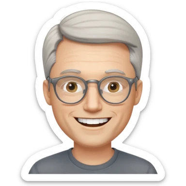 40 yr old pale white man, grey side swept hair, round glasses, big smile, white teeth, handsome, longer hair, thin glasses sticker