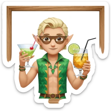 elf male legolas portrait, patterned board shorts (geometric/abstract), unique wooden-framed sunglasses, undercut hairstyle, slight smirk, visible pointy ears, no background, centered emoji, hipster summer vibe coctails sticker