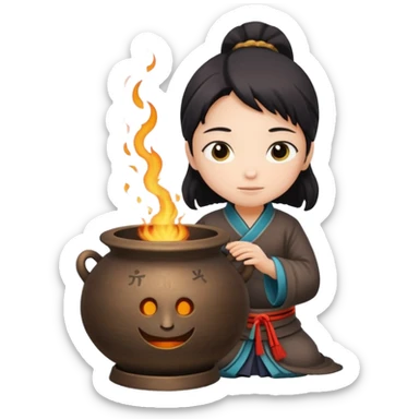 a person hugging a 鼎 ancient Chinese cauldron character sticker