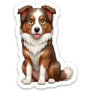cinematic-[australian shepherd dog]-realistic-full-body-sitting-emoji,-tail-resting-loosely-beside-its-paws,-head-tilted-dramatically,-scruffy-[white and red merle]-fur,-simplified-yet-realistic-focused-features,-highly-detailed,-glowing-with-an-almost-sarcastic-glow sticker