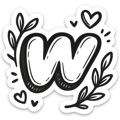 chubby outlined Wattpad logo 'w' with strong shadows, bright highlights, bold contour, decorated with both leaves and hearts, no background sticker