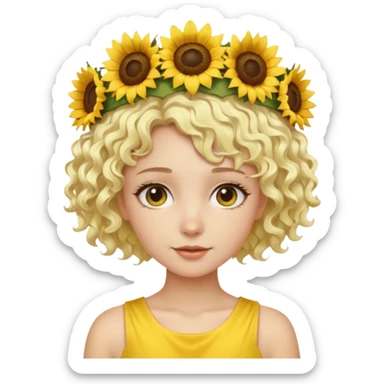 Fair skin female, short platinum-blonde curly hair, wearing a yellow sunflower crown. sticker