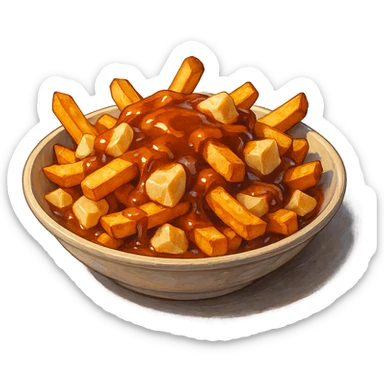 В слега рисованном, но при этом ярком и объемном стиле сгенерируй картинку сочного американского канадского блюда путин, профессионально выставленный свет, который подчеркивает объем, прозрачный фон sticker