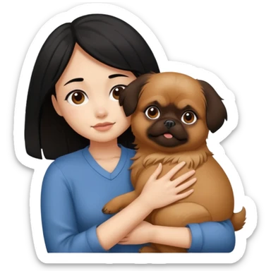black hair girl hugging brown pegingese dog sticker