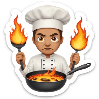 angry chef with flames in eyes, confidently crossing two frying pans across chest sticker