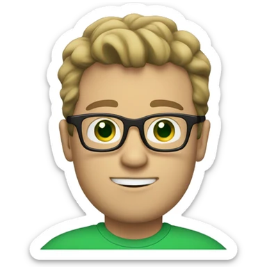 white guy with dark blond hair square glasses blue eyes in laptop wearing green t-shirt sticker