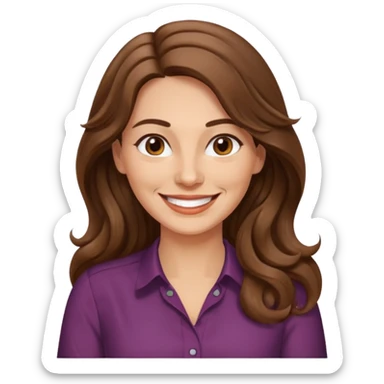 40 yr croatian woman, long wavy brown hair, big smile, side part, 
 sticker