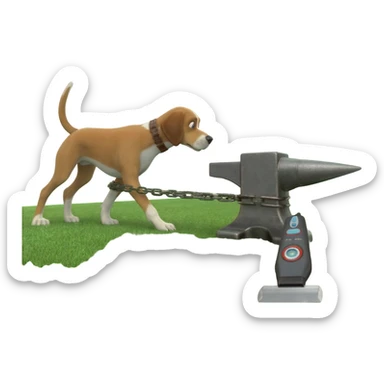 Have green grass bowling green under Pack hound standing pulling an anvil with  an electric shaver under anvil  show the green grass behind the anvil shaved lower cut grass path behind anvil.showing a shaven  path along green grass by leads or chains. Show the shaver cutting the grass sticker