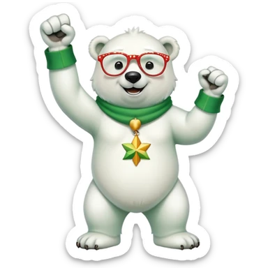 full body friendly anthropomorphised polar bear smiling, wearing large multicolored star-shaped glasses and festive St. Patrick's Day outfit, raising a fist in celebration sticker