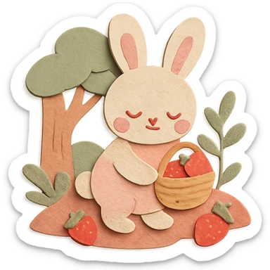 A bunny picking strawberries in the woods, sweet pastel red theme, soft pastel colors, paper-craft style, transparent background sticker