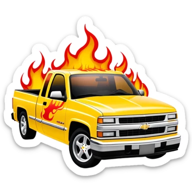 1997 yellow Chevrolet Silverado with detailed custom airbrushed red flame artwork spreading across hood and front, movie-accurate Kill Bill design, 30-degree angle, iOS emoji style sticker