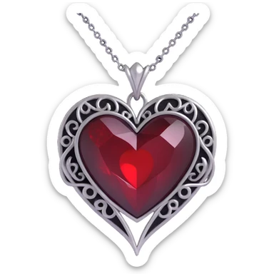 gothic heart, black velvet texture, silver chain, blood red gemstone, ornate and dramatic style, subtle smoky aura sticker