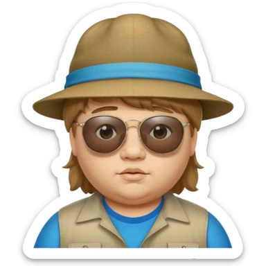 a very fat 16 year old boy who has light brown hair and a mullet and wearing a hat with upside down sunglasses on top of the hat sticker