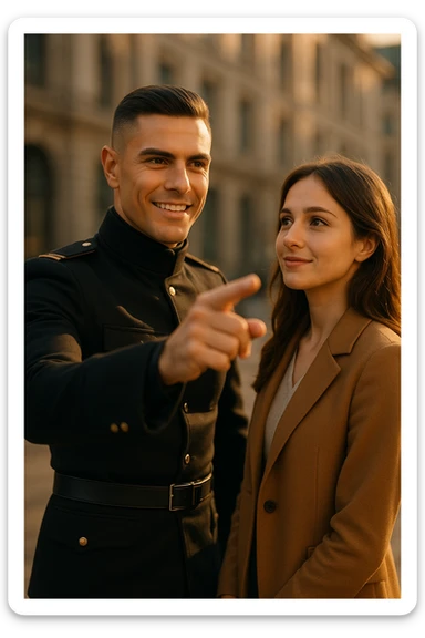 A confident man standing in front of a woman, gently pointing forward with a clear direction, showing leadership and confidence, the man is dressed sharply like a commander, the woman looks at him with trust, warm sunlight, cinematic lighting, high-resolution, realistic details, elegant urban background, depth of field, 50mm lens look. sticker
