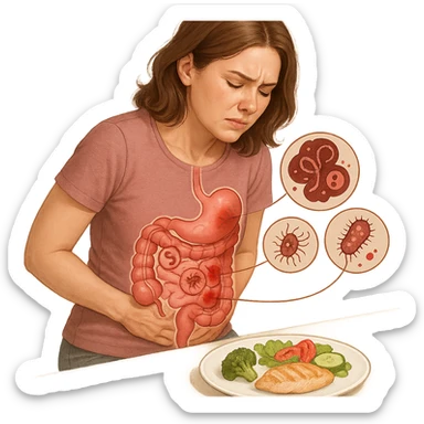 adult woman, realistic infographic style, dieting for intestinal problems, sitting with curved posture, hands pressing abdomen, transparent intestine illustration with parasite icons and inflamed areas, light food plate in front, light background sticker
