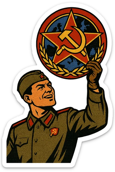 A 1940s Soviet male soldier with a communist party badge holding up a Warsaw Pact emblem sticker