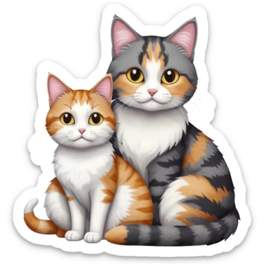 full body colourful light patched calico + white tabby cat cuddling a bigger cat that is dark grey and white tabby cat  sticker