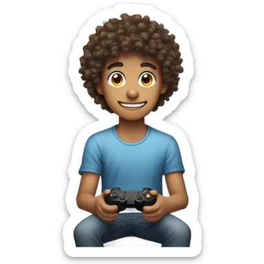 Curly haired teenage boy playing video games in his bedroom  sticker