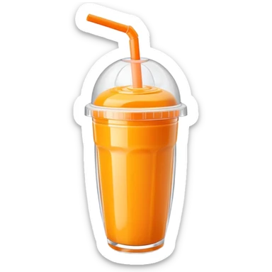orange smoothie with mango pieces, plastic shaker with dome lid, straw sticker