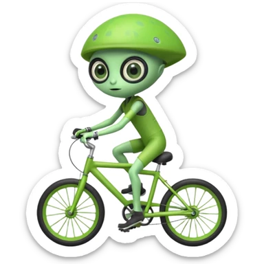 alien riding a bicycle, cute extraterrestrial character, casual cycling pose, big curious eyes, futuristic yet playful vibe, 3D cartoon, mobile game icon style, clean background, no text, no watermark
 sticker