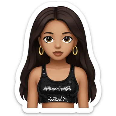 Aaliyah with long dark brown hair, sequin black crop top sticker