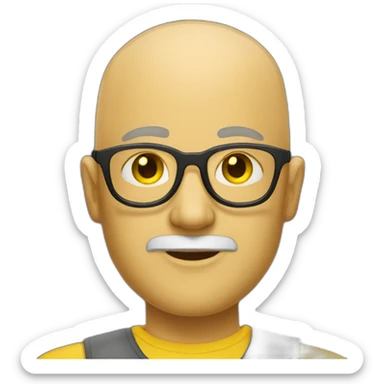 A bald man with yellow transparent fashionable glasses and a beard sticker