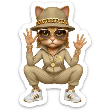 female cat walking upright, Run DMC hip-hop outfit, tracksuit, fedora, Adidas sneakers, dark sunglasses, many gold chains, bling accessories rings bracelets earrings sticker