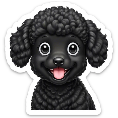 Cinematic Comical Black Poodle Portrait Emoji, Head tilted dramatically with an exaggeratedly amused expression, featuring a glossy, curly jet-black Fur with a lively bounce, wide, expressive dark eyes filled with playful disbelief, Simplified yet hilariously expressive features, highly detailed, glowing with a slightly sassy glow, high shine, dramatic yet playful, stylized with an air of cheeky mischief, bright and endearing, soft glowing outline, capturing the essence of a spirited and over-the-top companion, so meme-worthy it feels like it could side-eye its way into internet fame instantly! sticker
