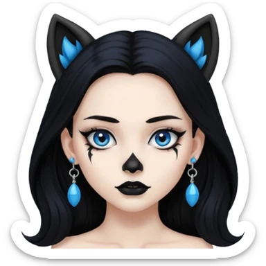 A girl with long black hair and blue eyes, black eyeshadow, black eye liner, mascara, and black lipstick, and black skull earrings. Also a black sexy dress and wolf ears  sticker
