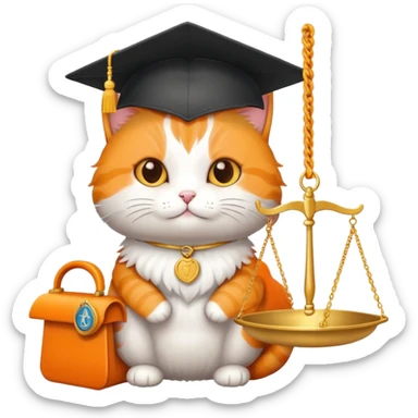 cat wearing a graduation cap, holding scales of justice sticker