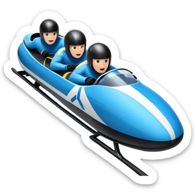 An icon featuring a sleek bobsled with athletes racing down an icy track at high speed, helmets on and bodies aligned for aerodynamics. The scene is set in a stunning snowy mountain valley with pine trees, spectators, and crisp blue sky. Transparent background captures the thrill of bobsleigh. sticker