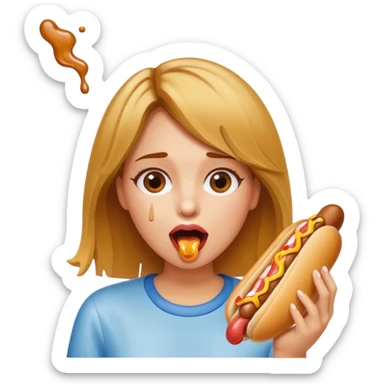 fair skinned young woman with brown hair and blonde highlights with mouth open and hot dog dripping glue sticker