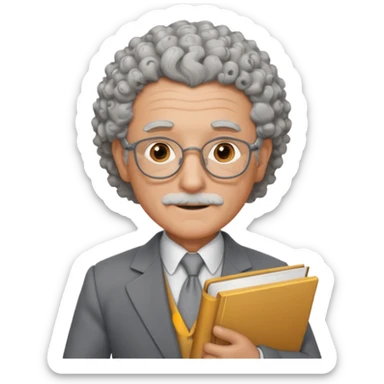 elderly male, curly hair, holding book, wearing gray suit sticker