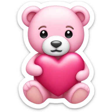 a pink teddy bear holding a heart sticker