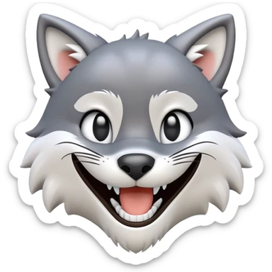 3D-style gray wolf or cat-like character emoji, goofy laugh (keck) expression, clean and glossy, inspired by TenSquared logo sticker