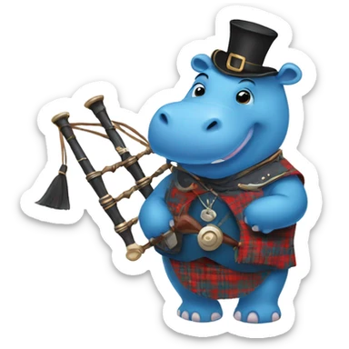 Blue hippo with bagpipes and traditional Scottish clothes sticker