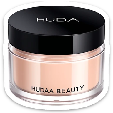 Create an emoji of Huda Beauty loose powder in its round, flat jar, short and wide, frosted or matte plastic, black screw-on lid, minimal luxe makeup packaging, clean glam aesthetic. sticker