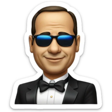 Satirical cartoon Egyptian President Al Sisi in a tuxedo wearing sun glasses with egyptian flag sticker