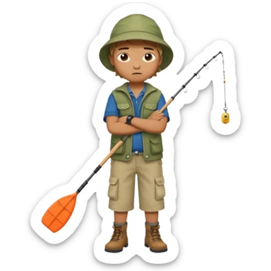 A boy with crossed arms, looking annoyed, dressed in fishing clothes full body sticker