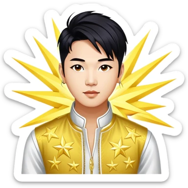 Cinematic Realistic portrait of Sơn Tùng M‑TP, shown as a dynamic pop star with a modern, stylish look and detailed contemporary clothing, illuminated by vibrant, energetic lighting that highlights his star power sticker
