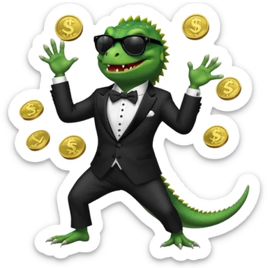 capitalist iguana banker in tuxedo and black sunglasses dancing crazy with coins sticker