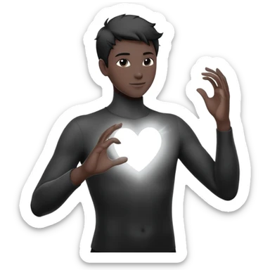 youthful male silhouette with glowing heart spark and flowing energy at fingertips, minimalist black or silver with soft dynamic motion sticker