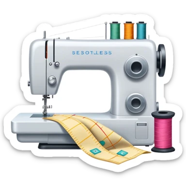 Sewing icon, measuring tape, pins, scissors, and a dress in progress, sewing machine with thread, visible needle, spools of thread, fabric pieces cut according to patterns, minimalistic style, clean lines, transparent background. sticker