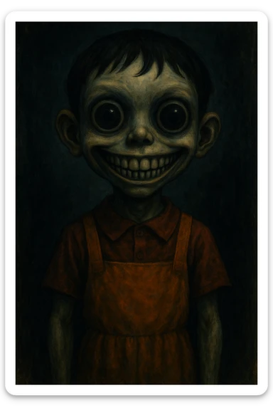 scary boy doll with a wide, unsettling smile, inspired by Squid Game, in a stylized, surreal art style sticker